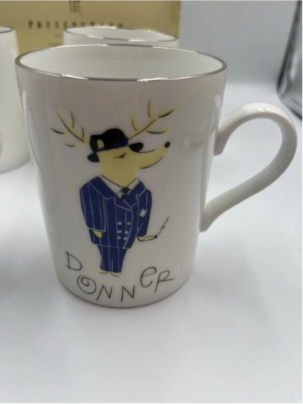 NIB Pottery Barn Reindeer Mugs, Comet, Cupid, Donner, & Blitzen Set of 4 JAPAN